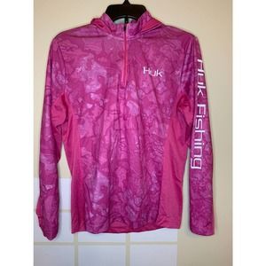 HUK Women's Icon X Camo Hoodie Quarter Zip Pink Long Sleeve Size L